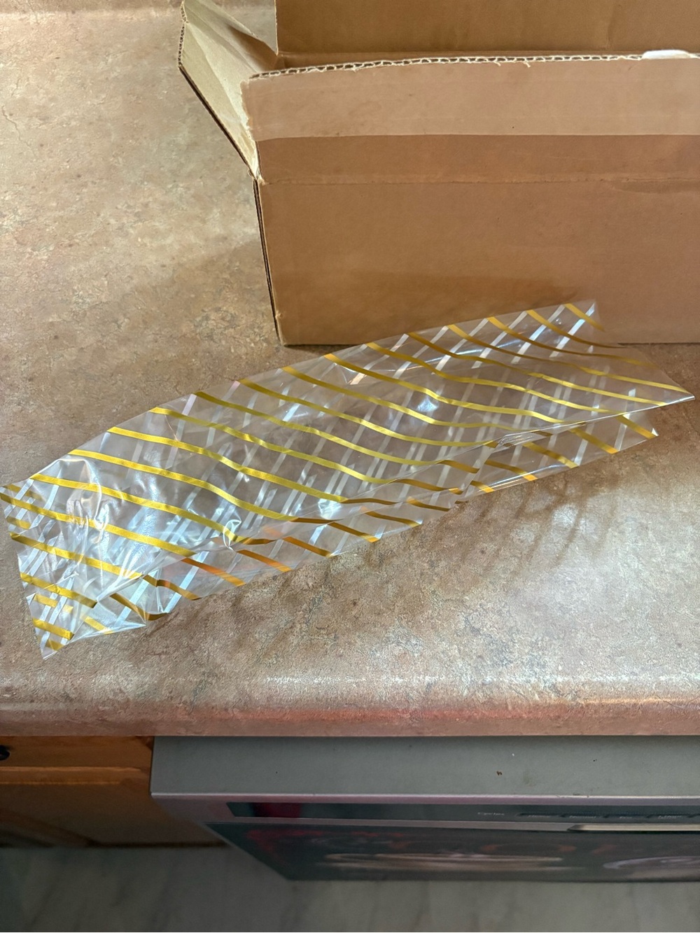 Gold Stripe Clear Cellophane Party Favor Bags -Packable Decorative Wrap open box